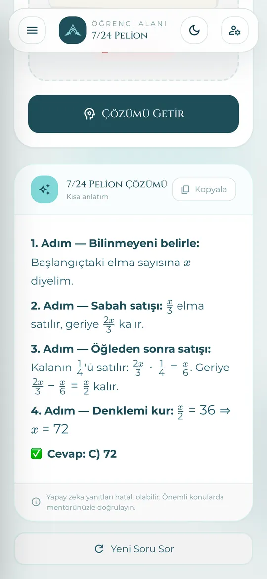 7/24 Pelion ekranında sorunun adım adım çözümü, telefon görünümü