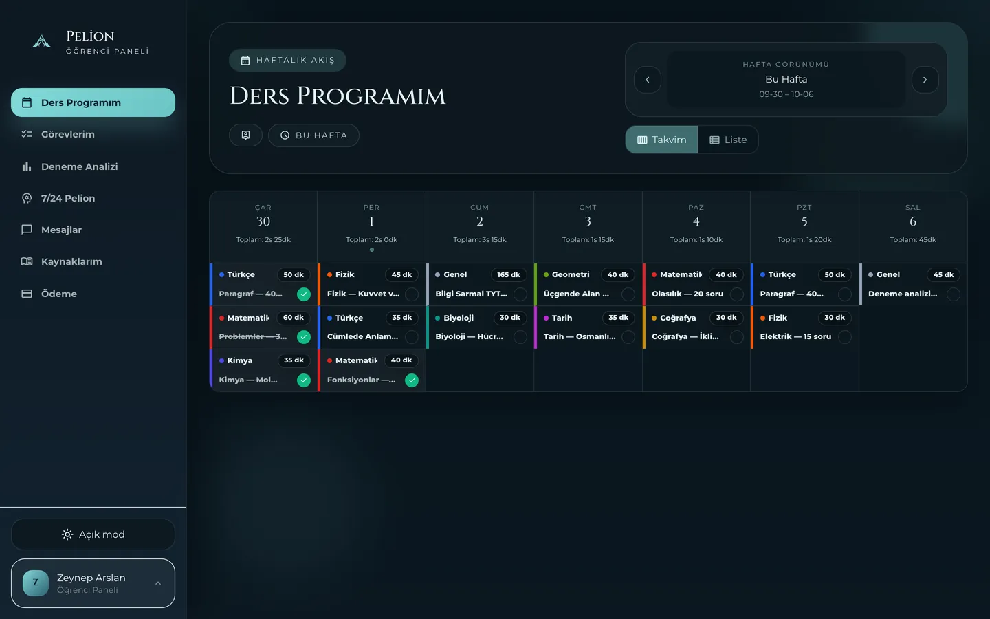 Öğrenci panelinde haftalık ders programı, bilgisayar görünümü