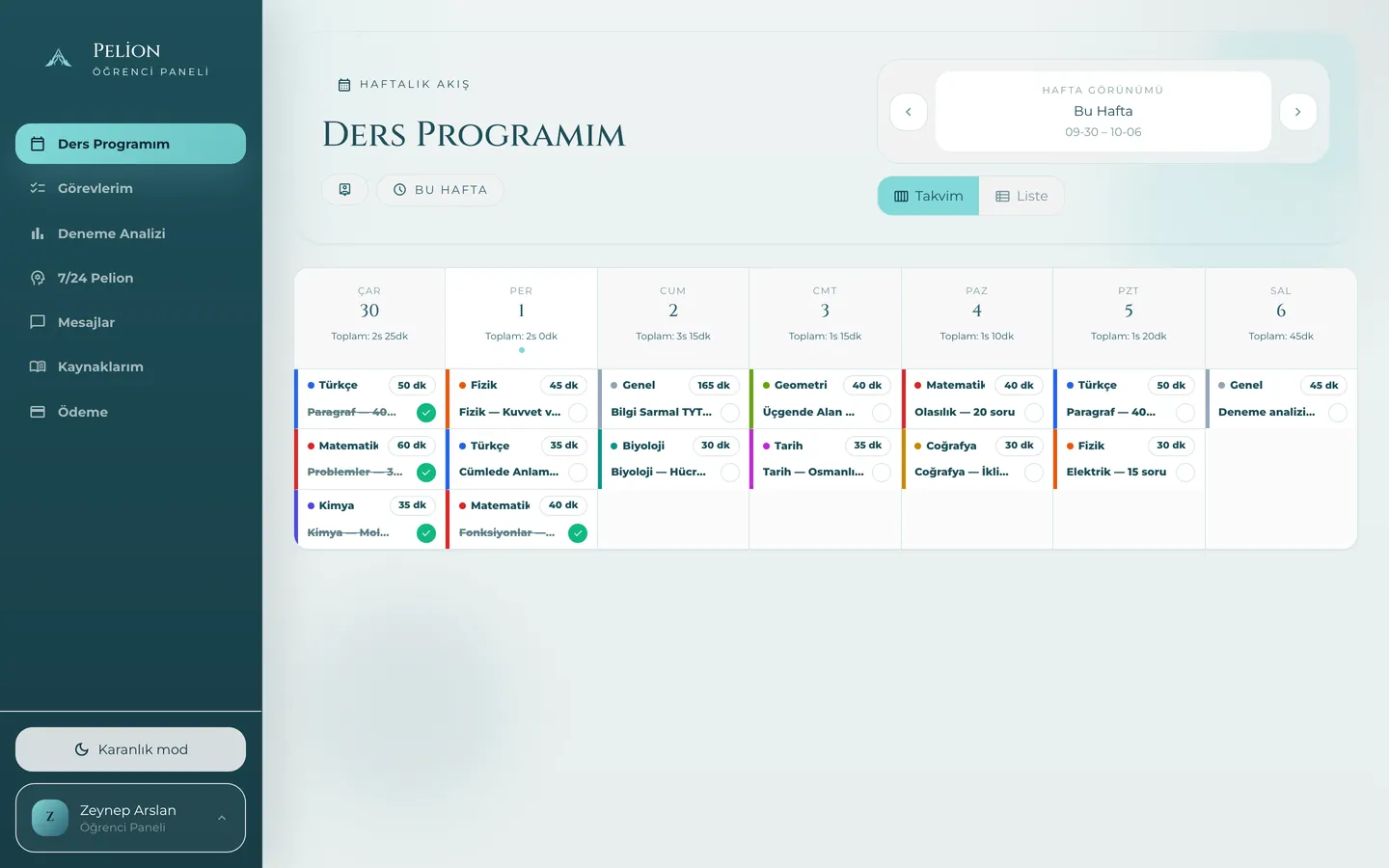 Öğrenci panelinde haftalık ders programı, bilgisayar görünümü