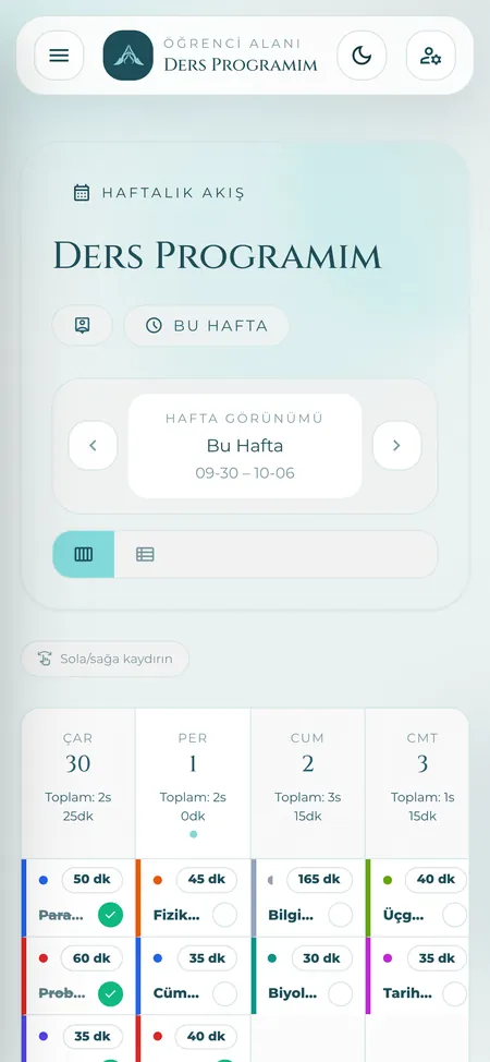 Öğrenci panelinde haftalık ders programı, telefon görünümü